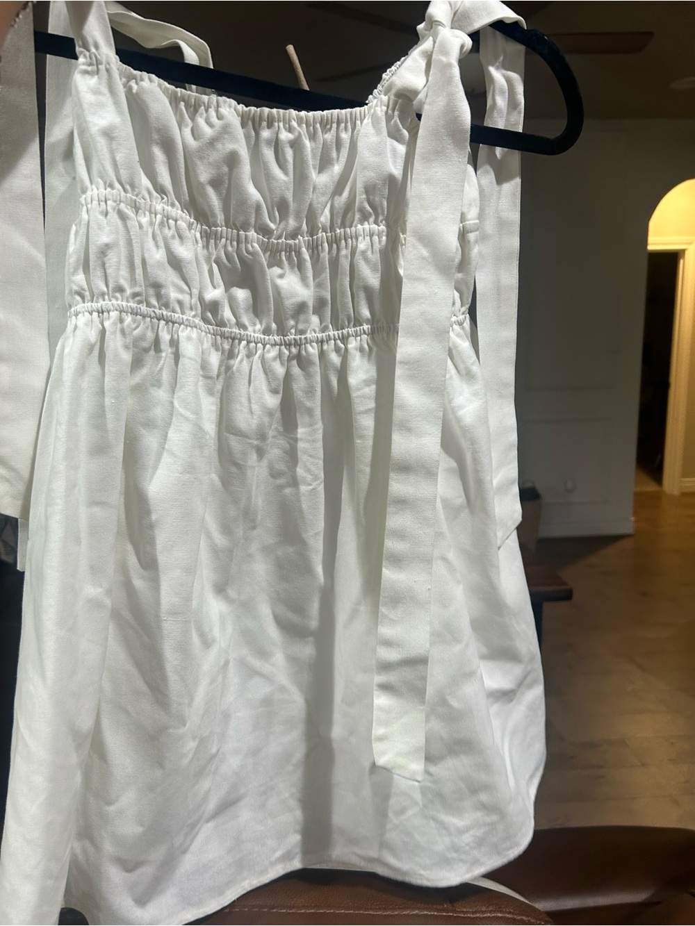 Girls' White Tie-Shoulder Casual Dress with Smocked Bodice